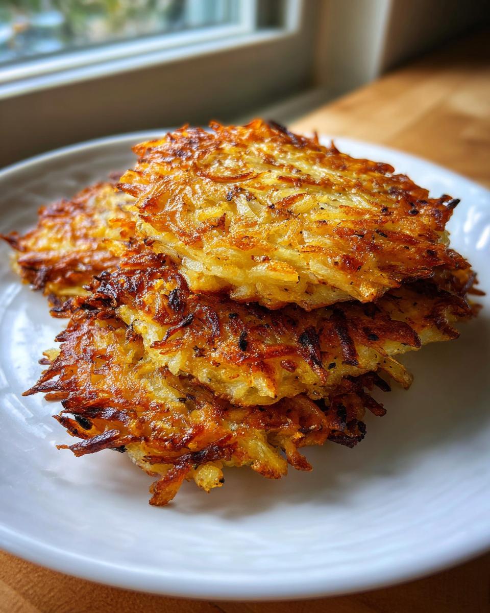 A stack of three perfectly golden and crispy Latkes piled high on a white plate.