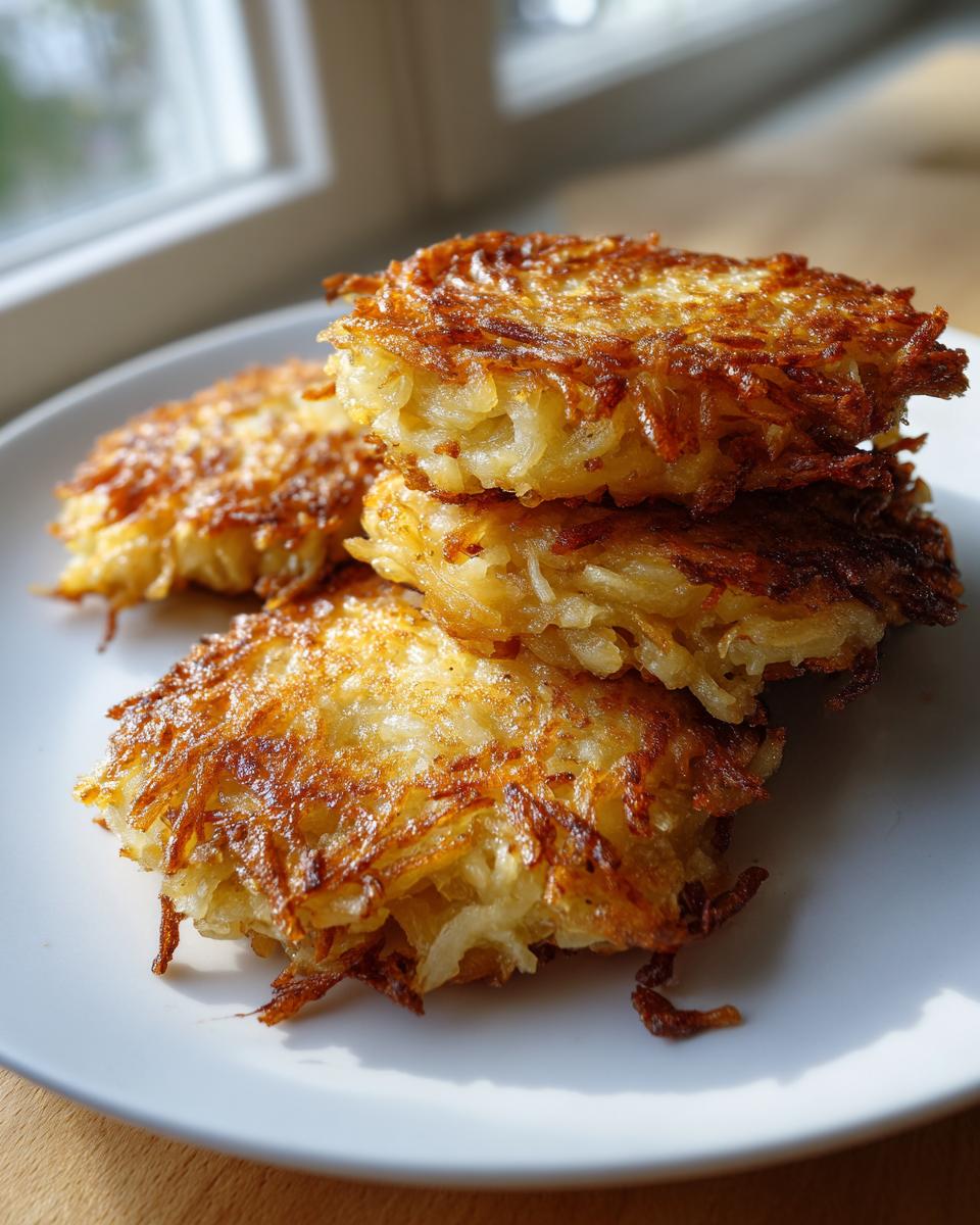 A stack of four golden brown, crispy latkes showing shredded potato texture, served on a white plate.