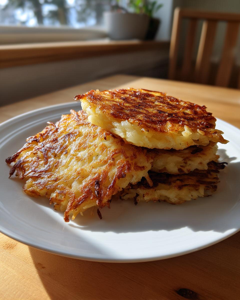 A stack of four golden brown, crispy potato latkes resting on a white plate in bright sunlight.
