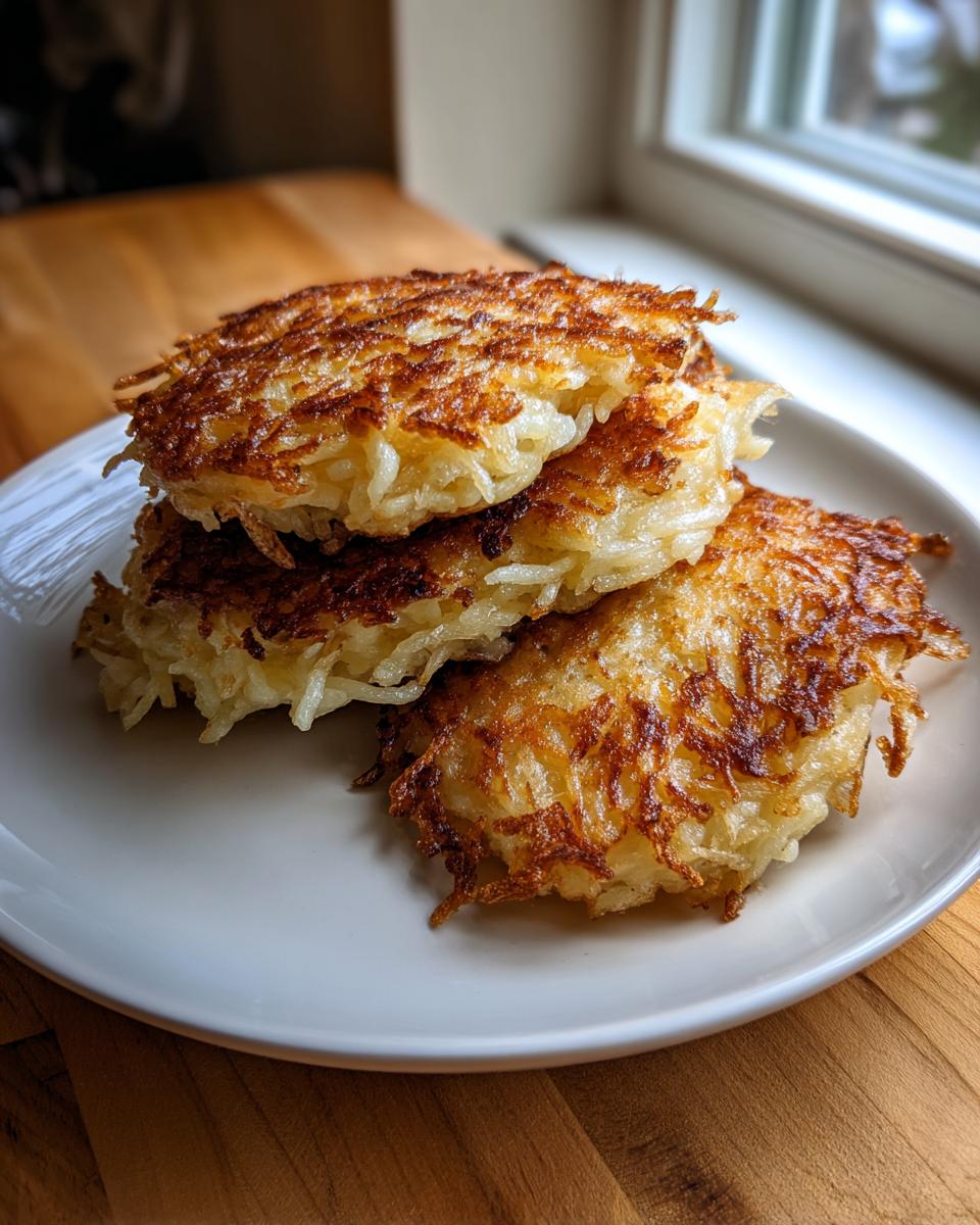 A stack of three perfectly golden brown and crispy potato latkes resting on a white plate.