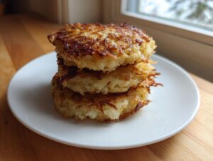 A stack of three golden-brown, crispy potato latkes served on a white plate.