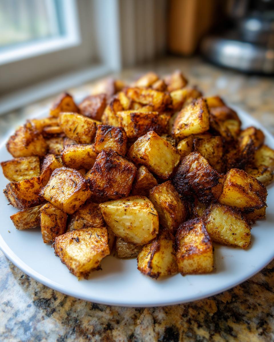 A white plate piled high with golden brown, seasoned breakfast potatoes, perfectly roasted and crispy.