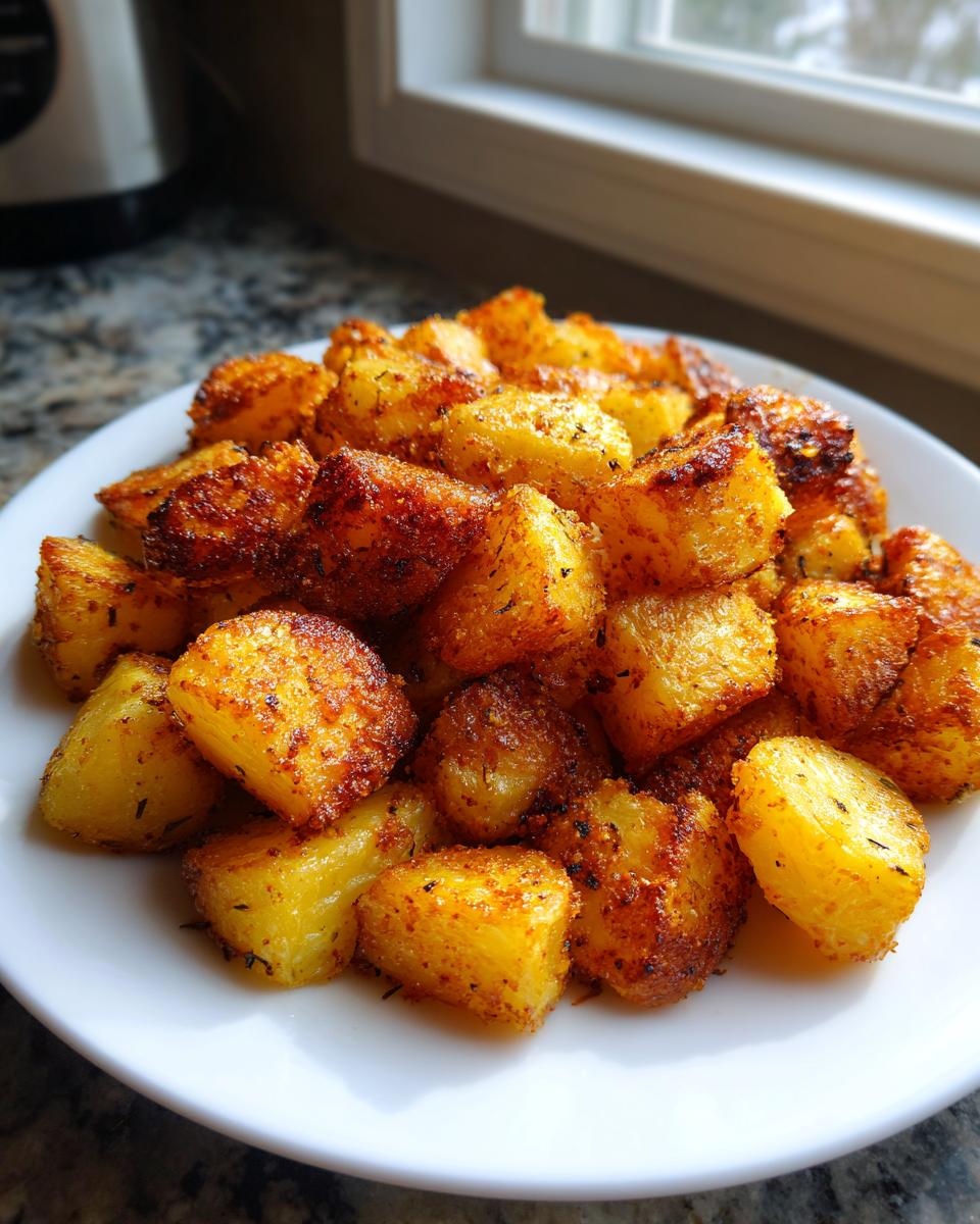 A close-up of perfectly seasoned and crispy breakfast potatoes piled high on a white plate.