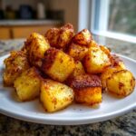 A pile of perfectly roasted, golden brown breakfast potatoes seasoned with spices, served on a white plate.