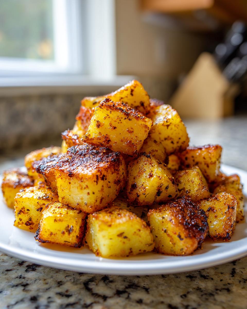 A close-up of perfectly roasted, golden-brown breakfast potatoes seasoned with spices, piled high on a white plate.