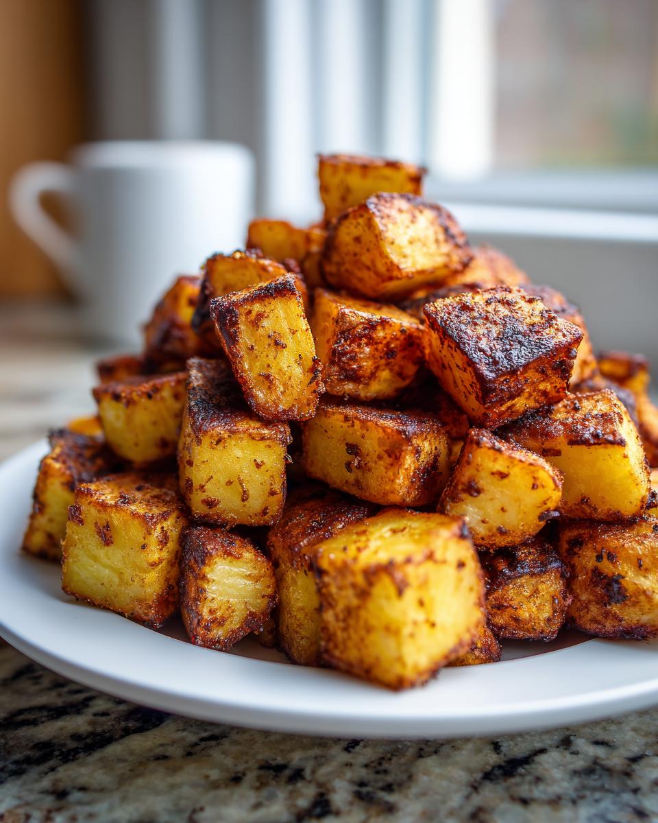 A close-up stack of golden brown, crispy seasoned breakfast potatoes piled high on a white plate.