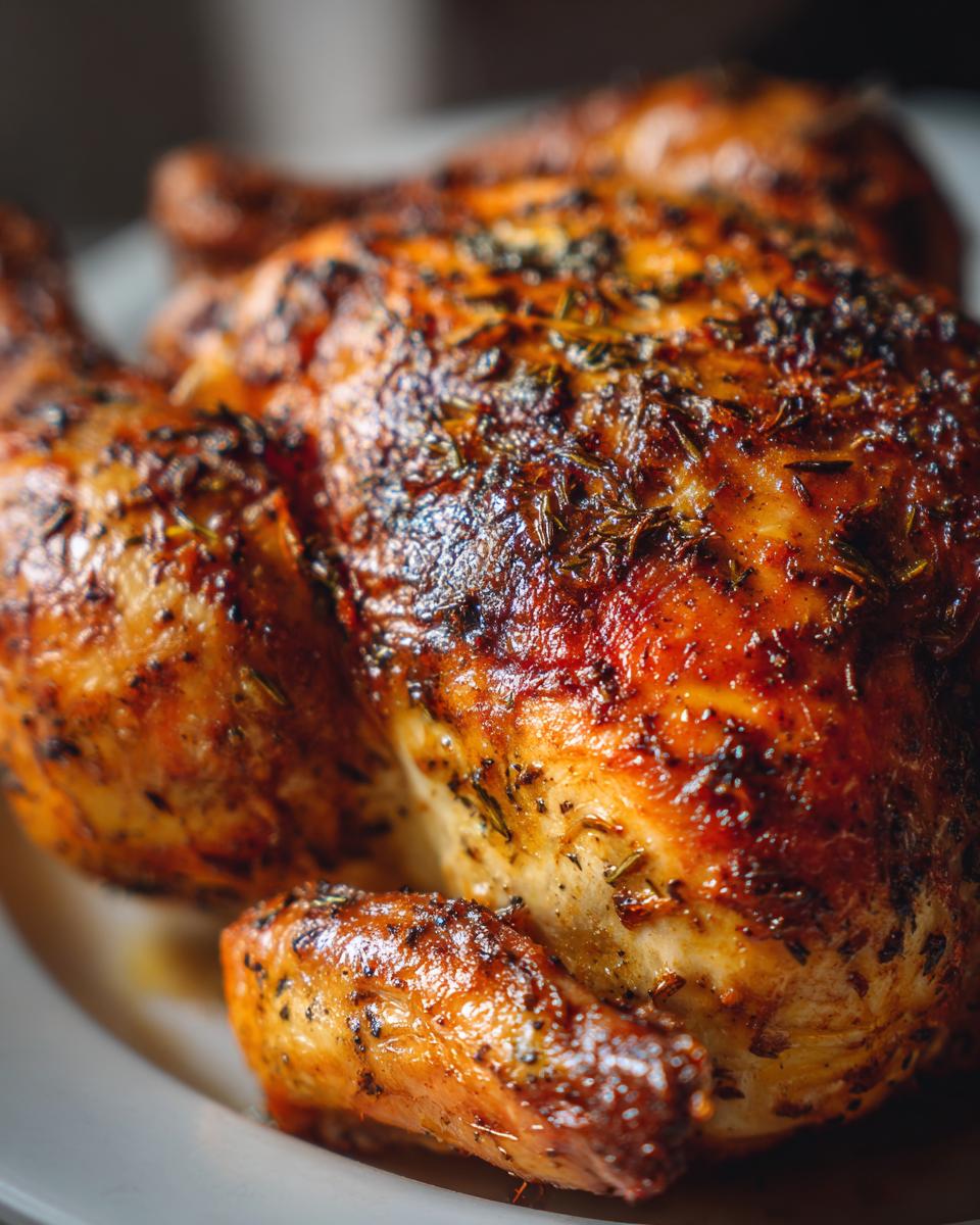 Close-up of a golden-brown, crispy-skinned spatchcock chicken seasoned with herbs.