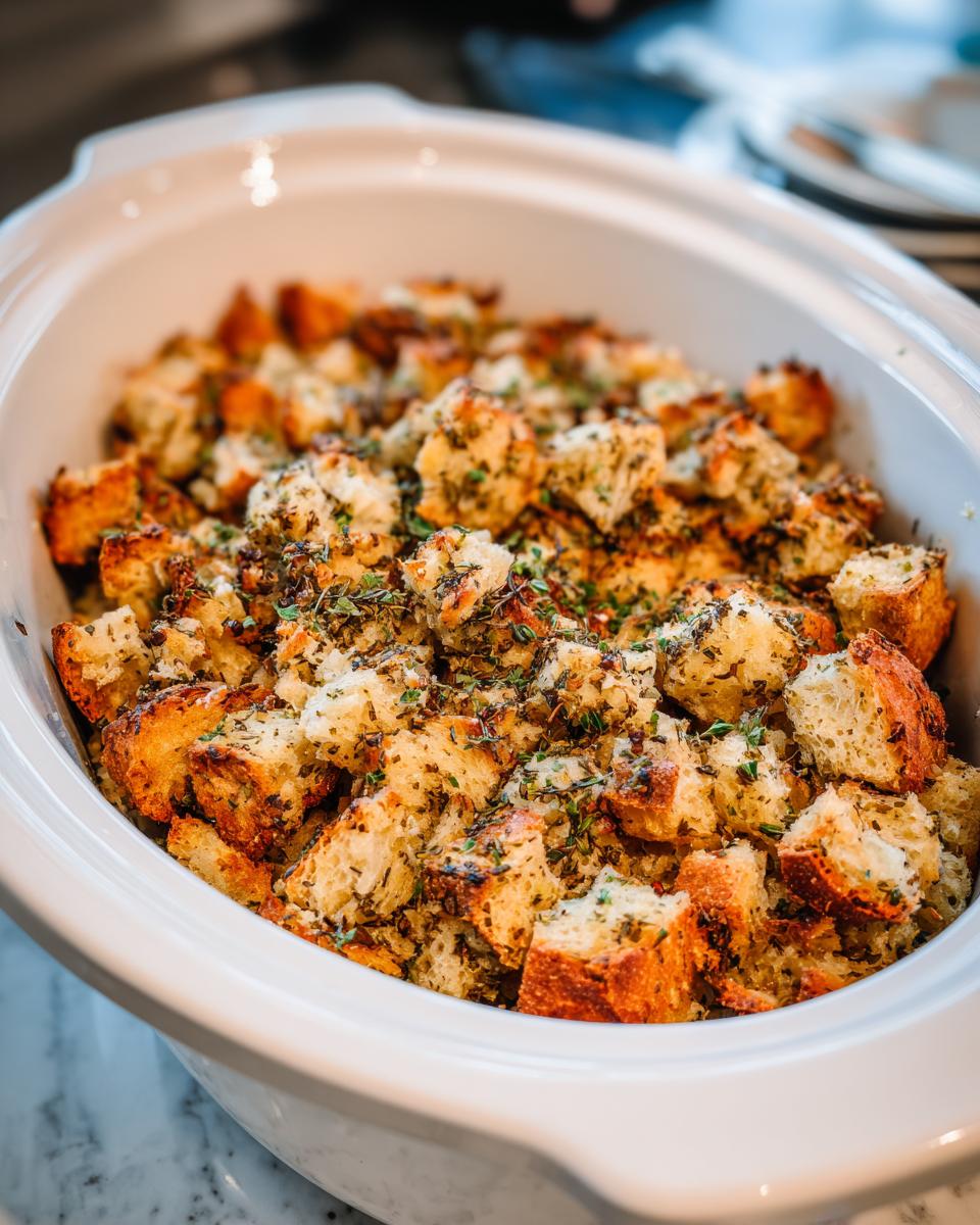 Close-up of savory, herb-topped bread cubes in a white crock pot stuffing dish.