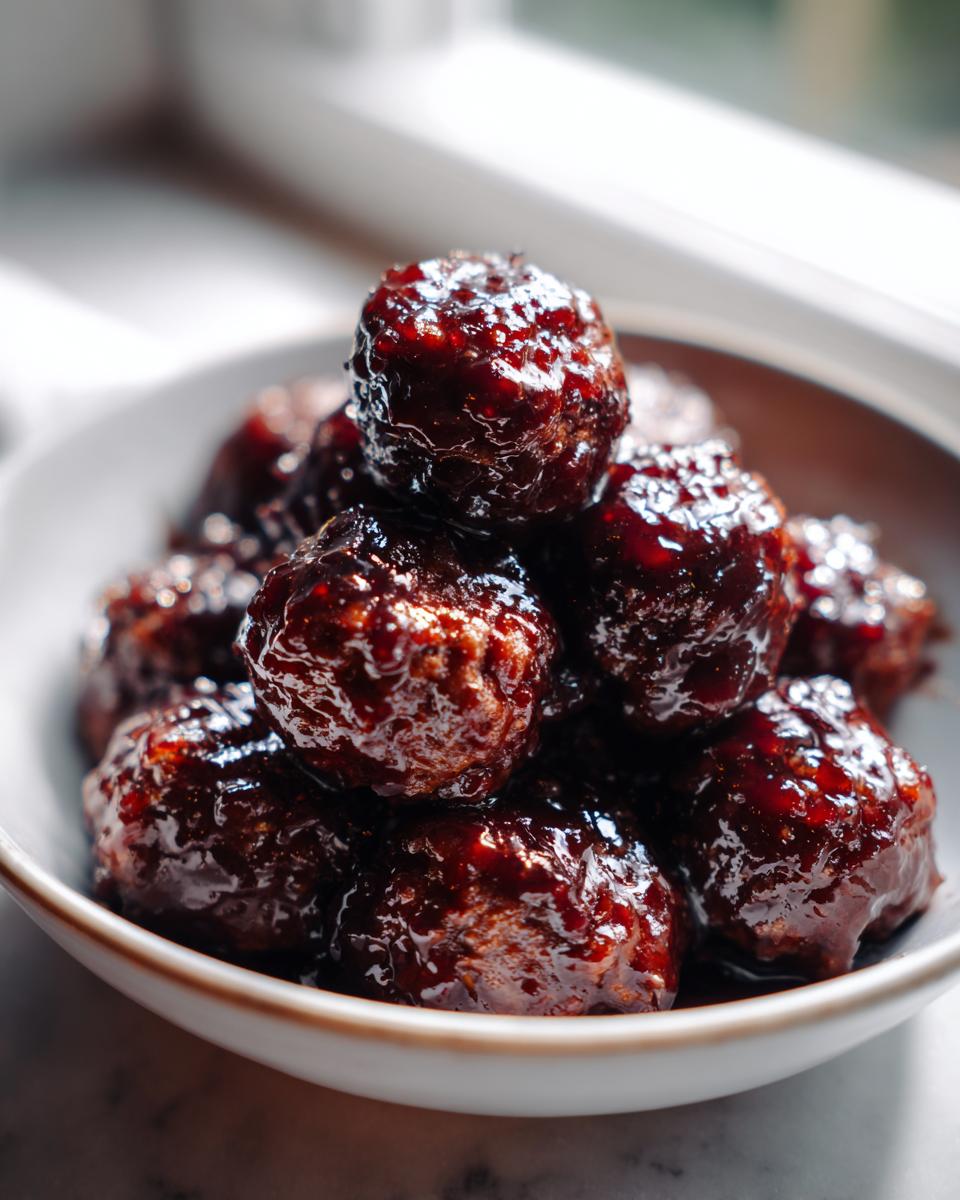 Close-up of several shiny Crockpot grape jelly meatballs piled high in a small white bowl.