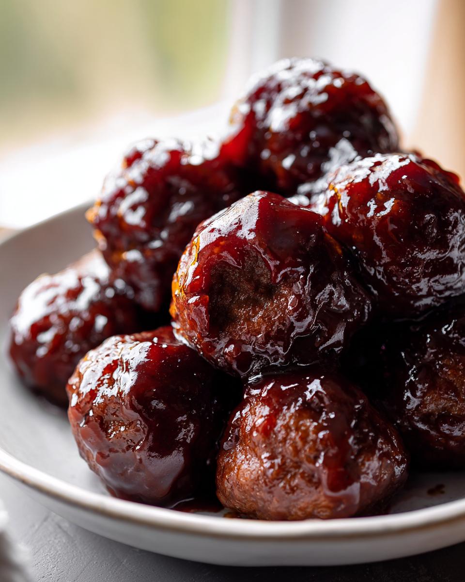 A close-up pile of glistening Crockpot grape jelly meatballs coated in a thick, dark, sweet glaze.