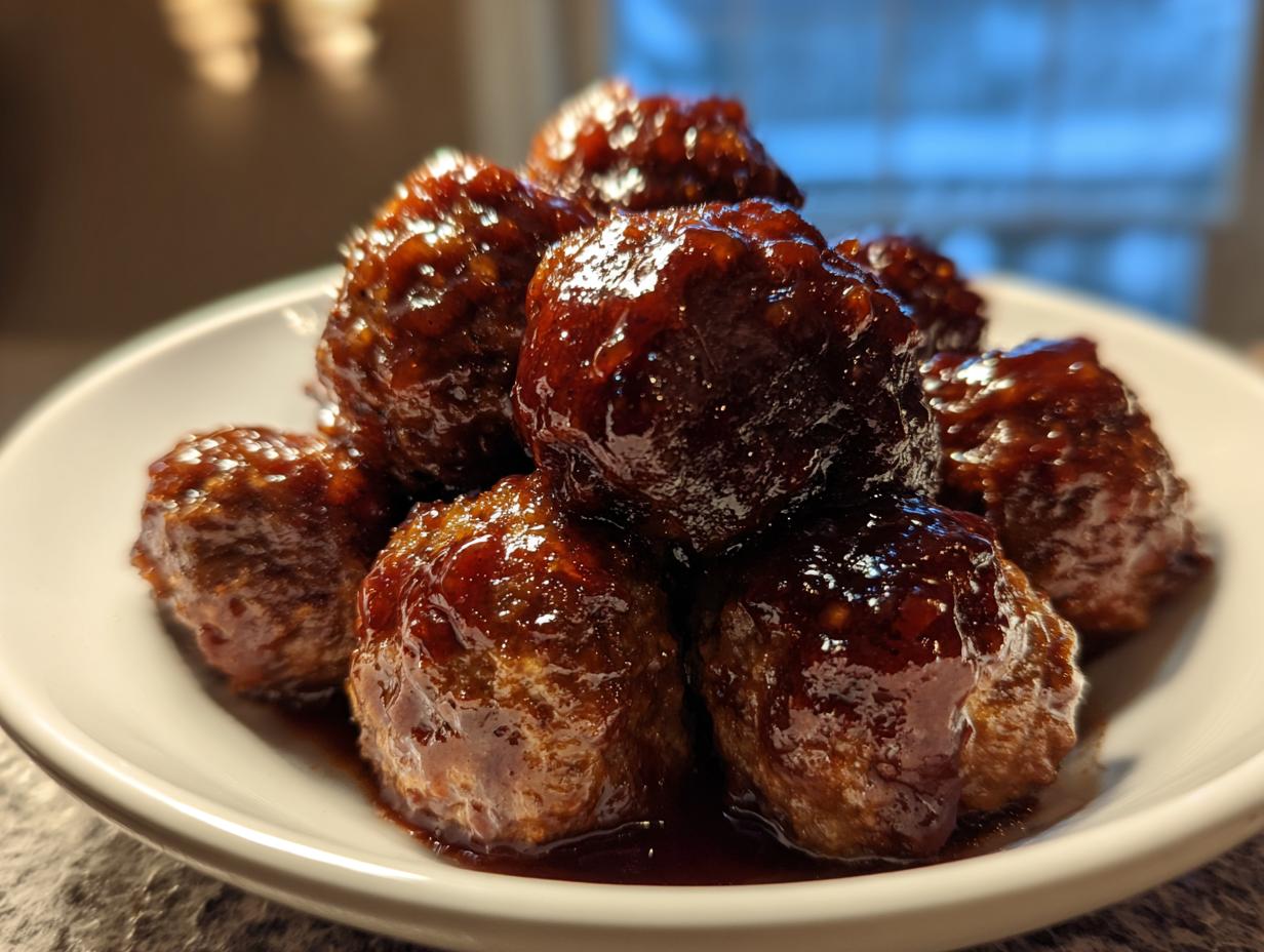 A close-up of several Crockpot grape jelly meatballs piled high in a white bowl, coated in a thick, shiny, dark glaze.