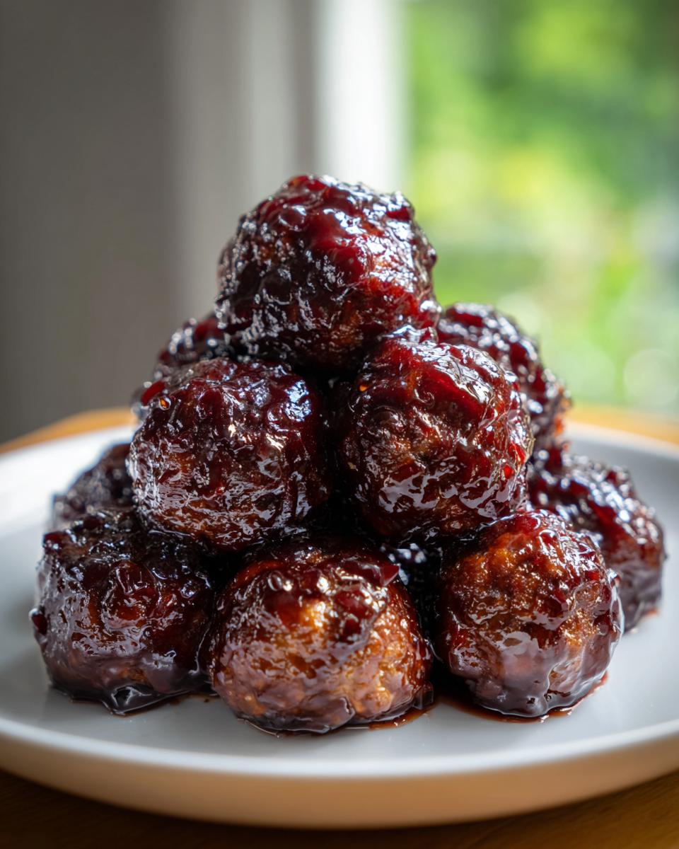 A close-up stack of savory Crockpot grape jelly meatballs coated in a thick, dark, glossy sauce.