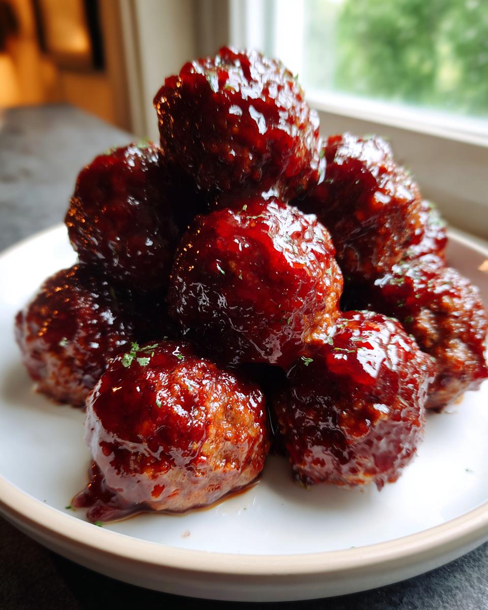 A close-up of several shiny Crockpot grape jelly meatballs piled high on a white serving plate.