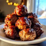 A close-up stack of shiny, glazed Crockpot grape jelly meatballs piled high on a white plate.