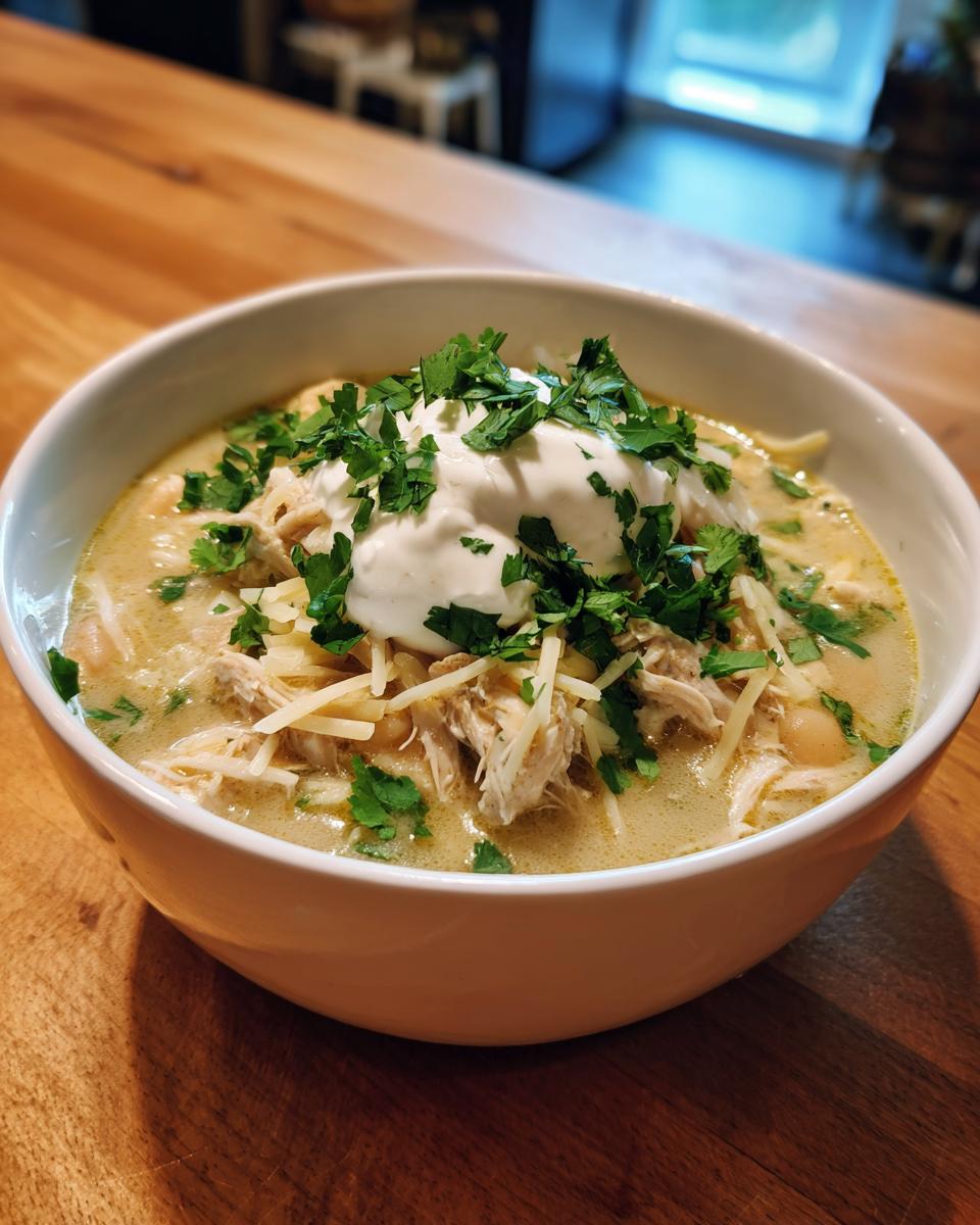 A close-up of a bowl of creamy crockpot white chicken chili topped with sour cream, shredded cheese, and fresh cilantro.