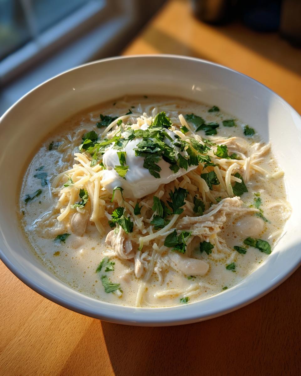A bowl of creamy crockpot white chicken chili topped with shredded cheese, sour cream, and fresh parsley.