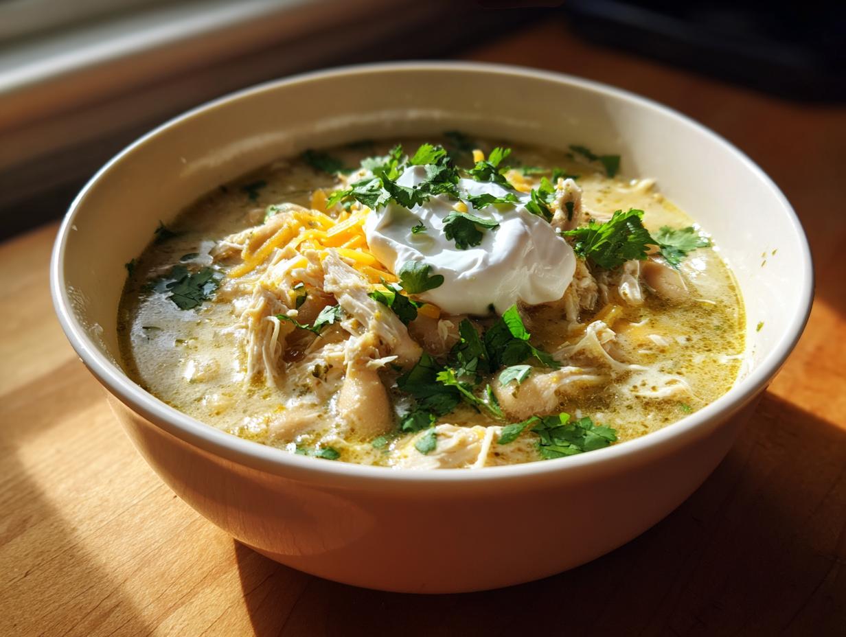 A creamy bowl of crockpot white chicken chili topped with shredded cheese, sour cream, and fresh cilantro.