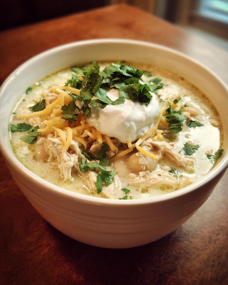 A close-up of a bowl of creamy crockpot white chicken chili topped with shredded cheese, sour cream, and cilantro.