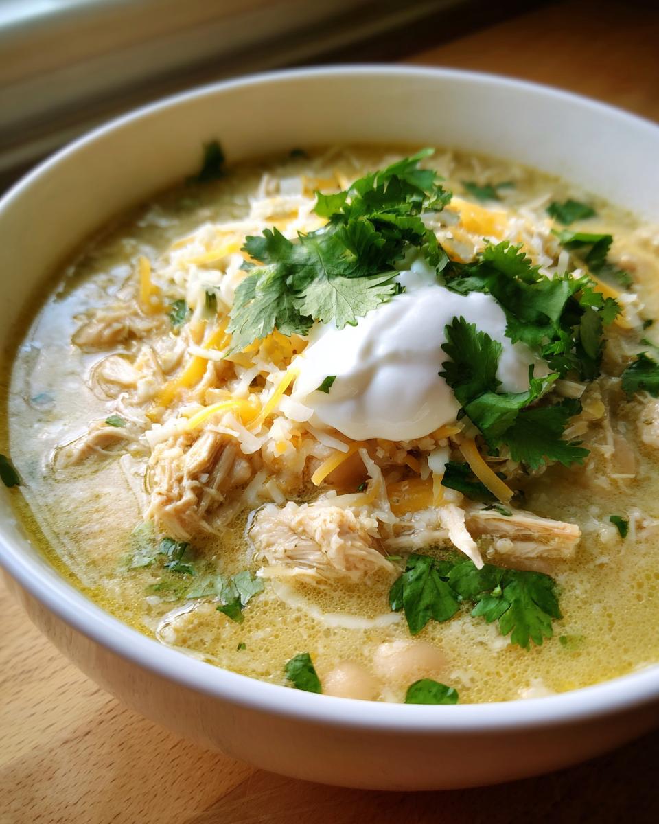 A close-up of a bowl of creamy crockpot white chicken chili topped with shredded cheese, sour cream, and fresh cilantro.