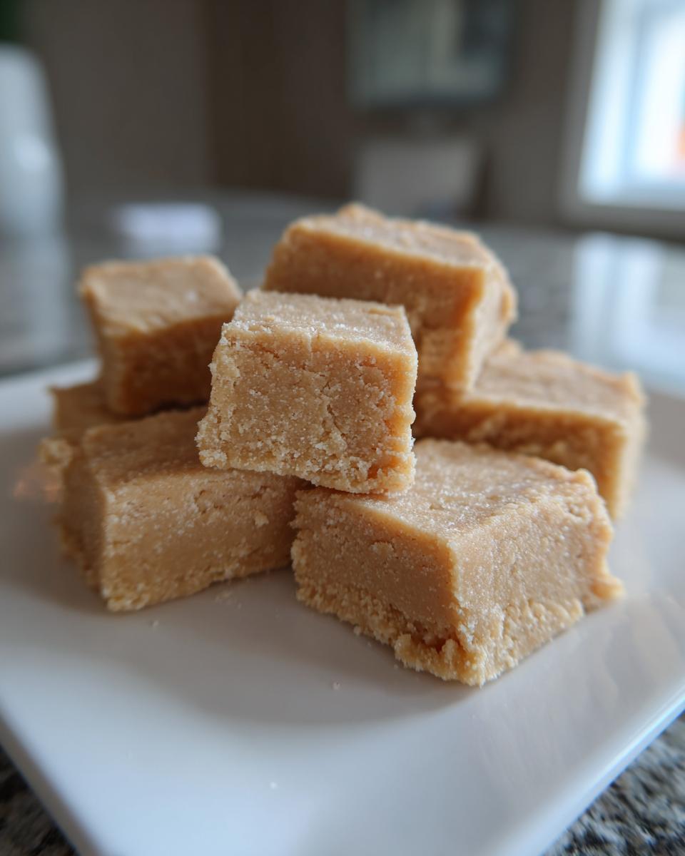 A stack of creamy, square-cut peanut butter fudge pieces resting on a white plate.
