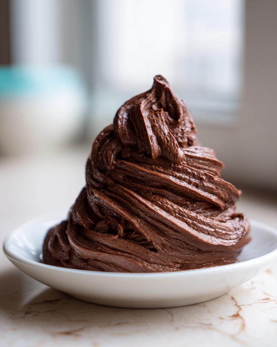A tall, perfectly piped swirl of rich, dark chocolate frosting sitting in a small white bowl.