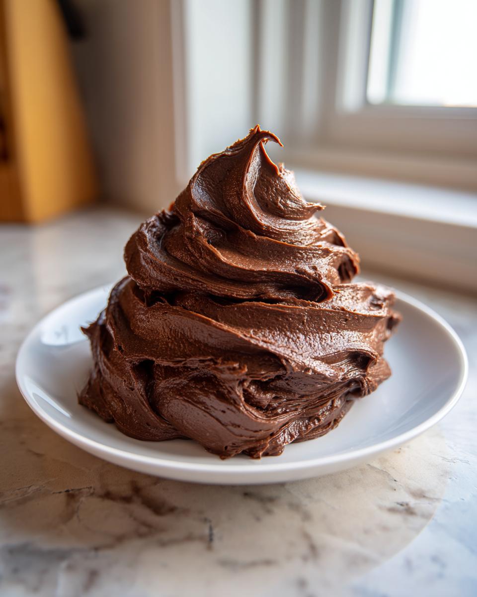 A generous swirl of rich, dark chocolate frosting piled high on a small white plate.