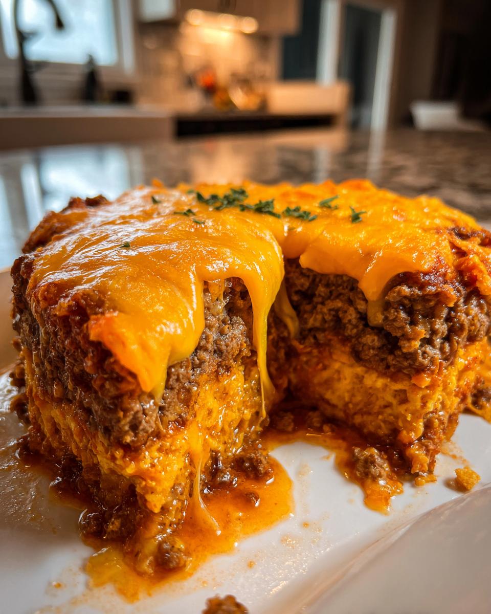 A close-up of a rich, layered Dorito Casserole slice showing melted cheddar cheese dripping over seasoned ground meat.