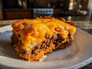 A close-up serving of Dorito Casserole featuring layers of seasoned ground beef and melted cheddar cheese.