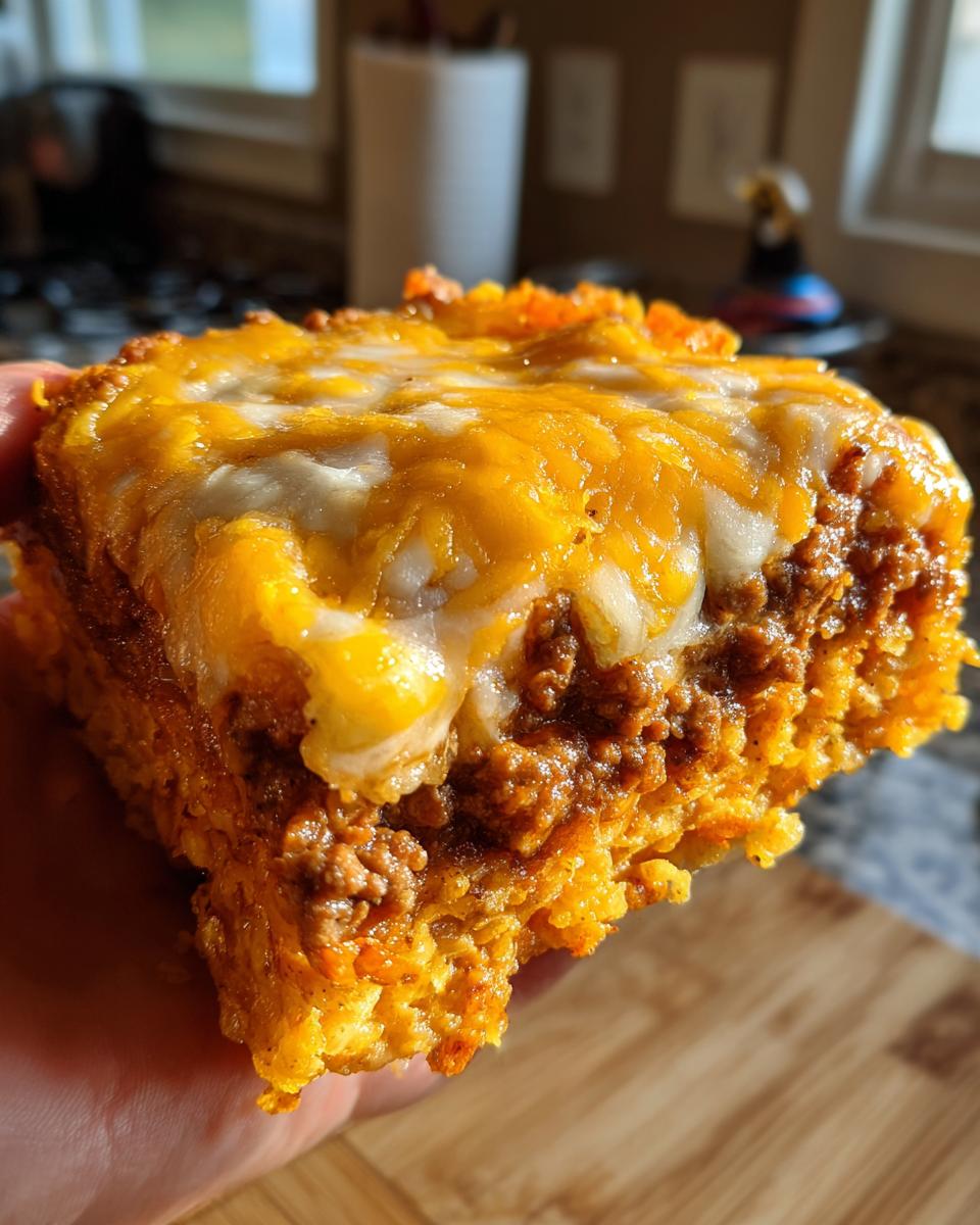 A person holding a thick, square slice of Dorito Casserole topped with melted cheddar and Monterey Jack cheese.