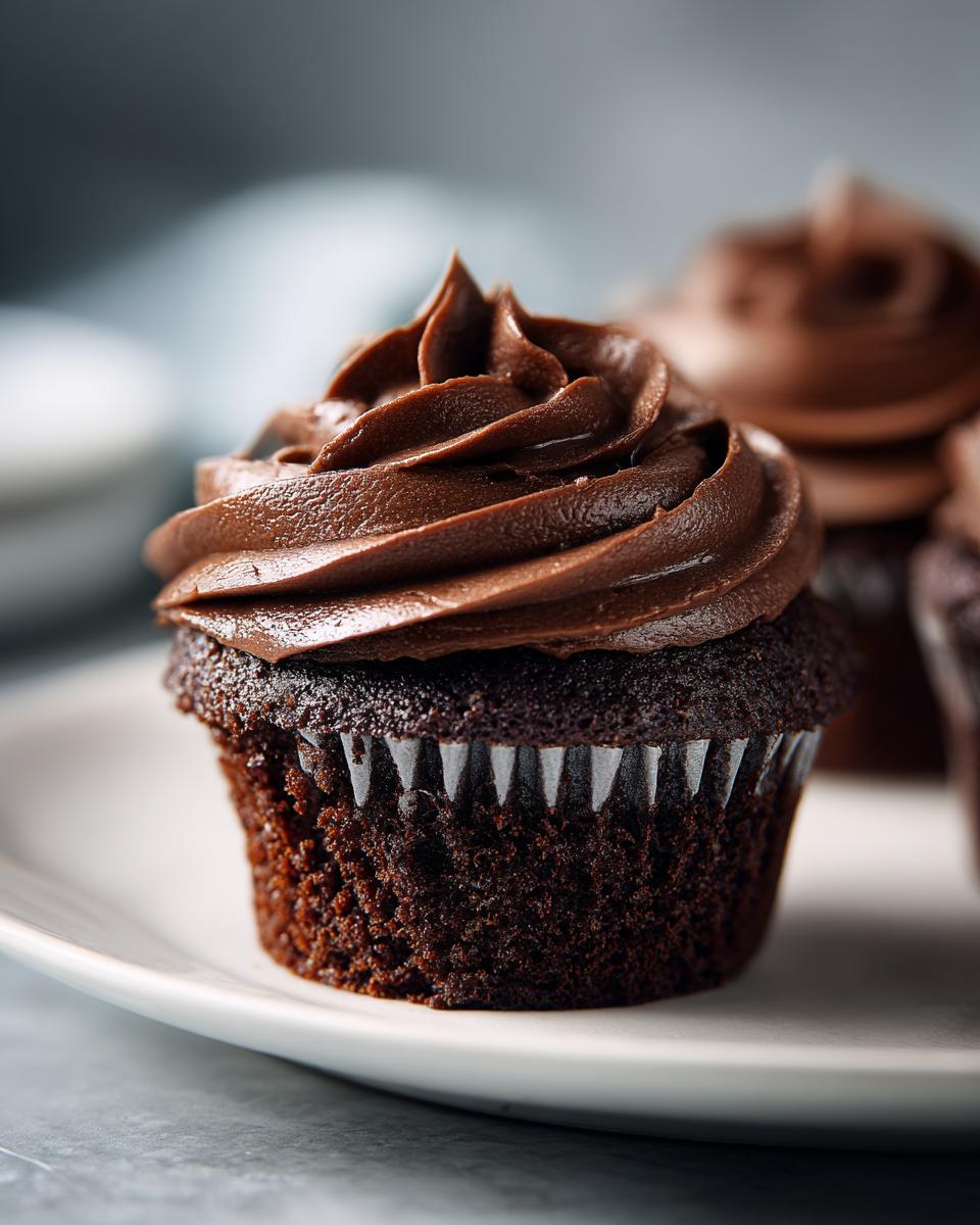 A close-up of a moist, dark chocolate cupcake topped with rich, swirled chocolate frosting, perfect for easy chocolate cupcakes.