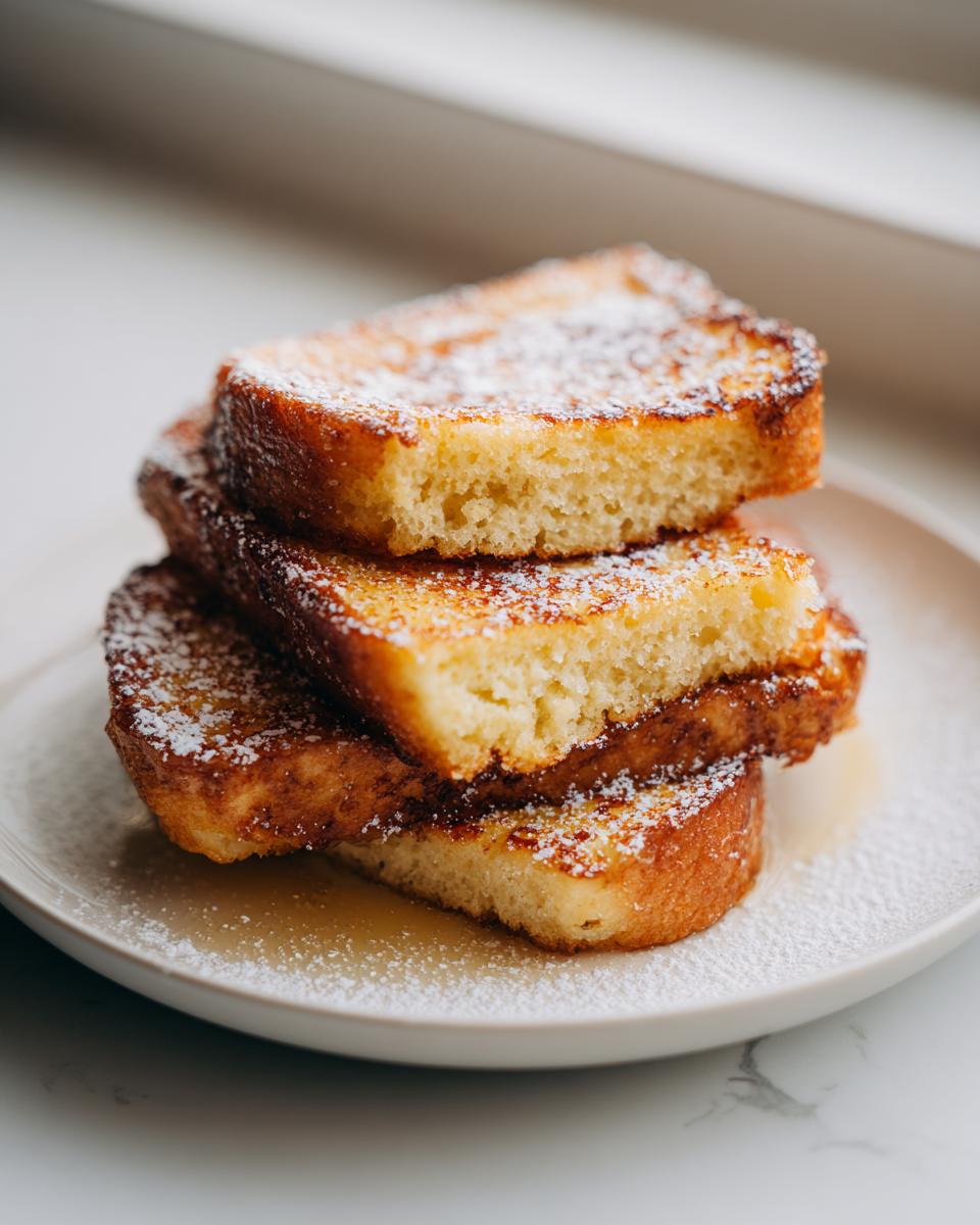 A stack of three slices of golden brown easy french toast dusted heavily with powdered sugar on a white plate.