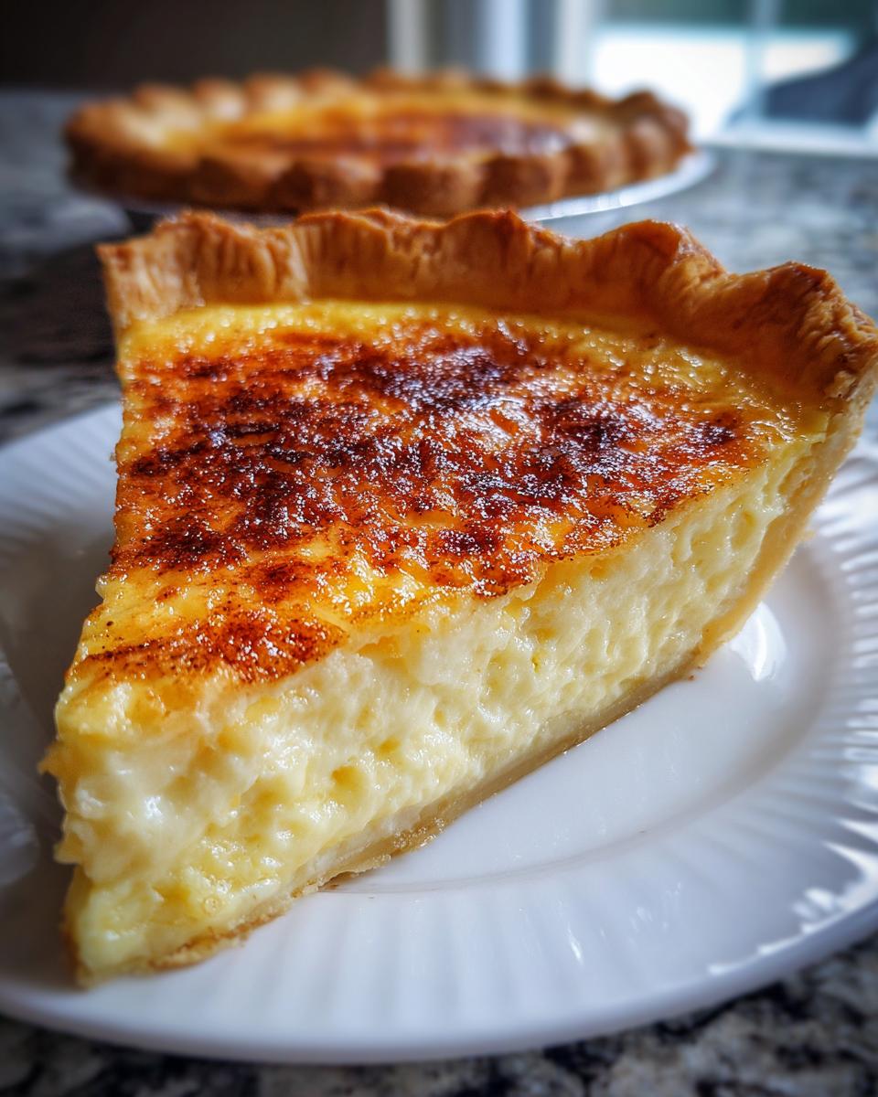 Close-up of a slice of creamy egg custard pie with a browned, caramelized top.