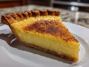 A close-up of a slice of golden egg custard pie with a caramelized top, sitting on a white plate.