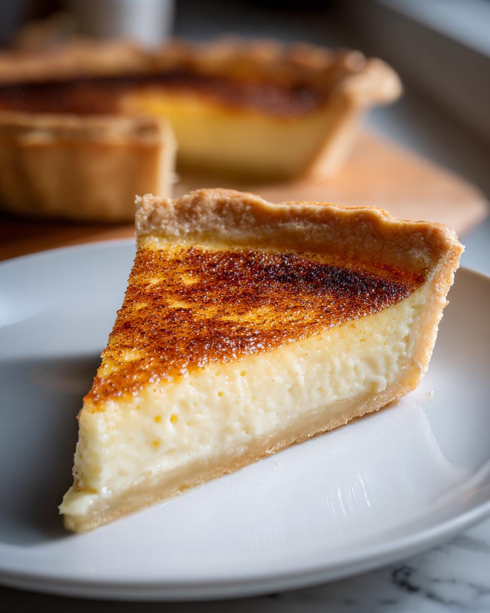 A close-up slice of creamy egg custard tart with a deeply caramelized, browned sugar top, sitting on a white plate.