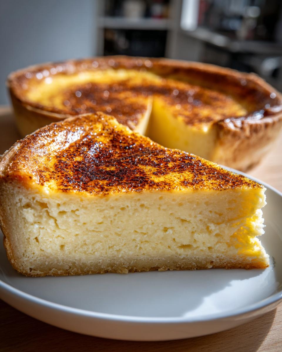 A thick slice of creamy egg custard tart with a deeply caramelized, torched top, served on a white plate.