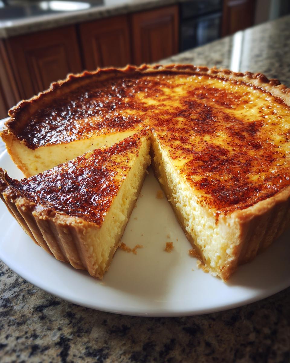 A whole baked egg custard tart, sliced to show the creamy interior, dusted with cinnamon.