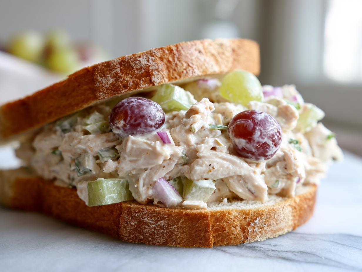 A close-up of a thick chicken salad sandwich featuring creamy filling, red onion, celery, and whole red and green grapes on white bread.