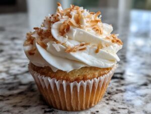 A close-up of a single, beautifully frosted coconut cupcake topped with toasted coconut flakes.