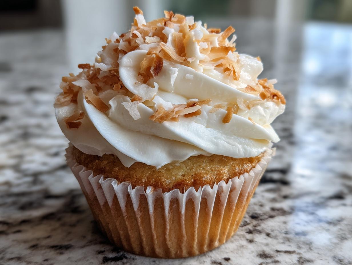 A close-up of a single, beautifully frosted coconut cupcake topped with toasted coconut flakes.
