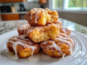 A stack of golden brown cinnamon roll bites drizzled generously with white icing, one is broken open.
