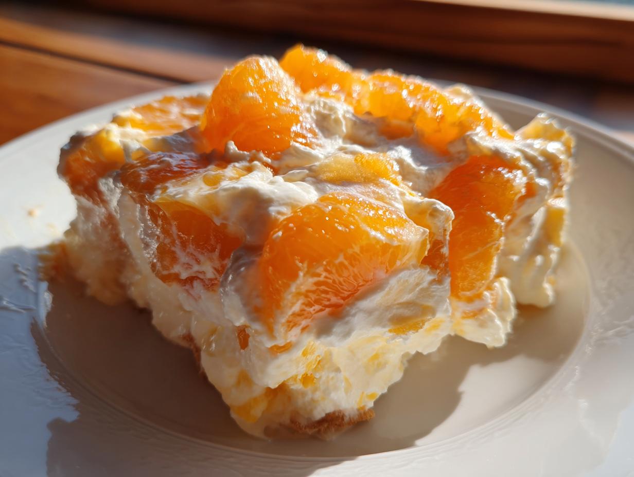 Close-up of a creamy slice of mandarin orange salad topped with bright orange segments.