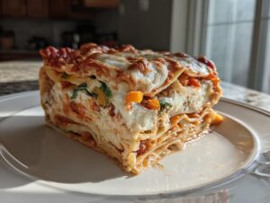 A tall, thick slice of roasted vegetable lasagna showing layers of pasta, ricotta, sauce, and melted cheese on a white plate.