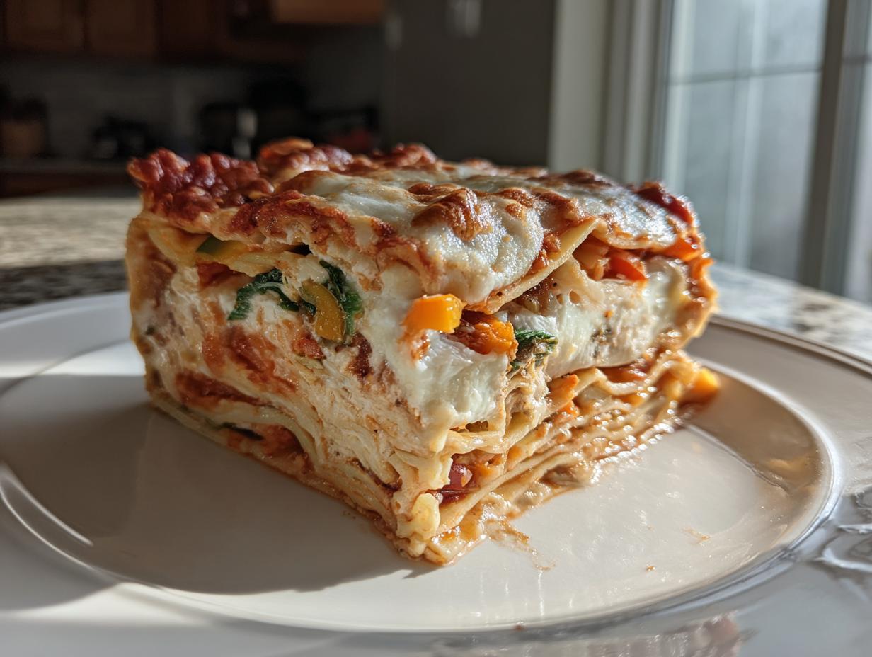 A tall, thick slice of roasted vegetable lasagna showing layers of pasta, ricotta, sauce, and melted cheese on a white plate.