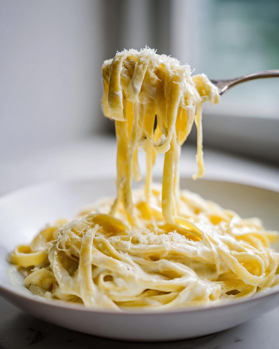 Close-up of fettuccine pasta coated in rich Olive Garden Alfredo Sauce being lifted by a fork.