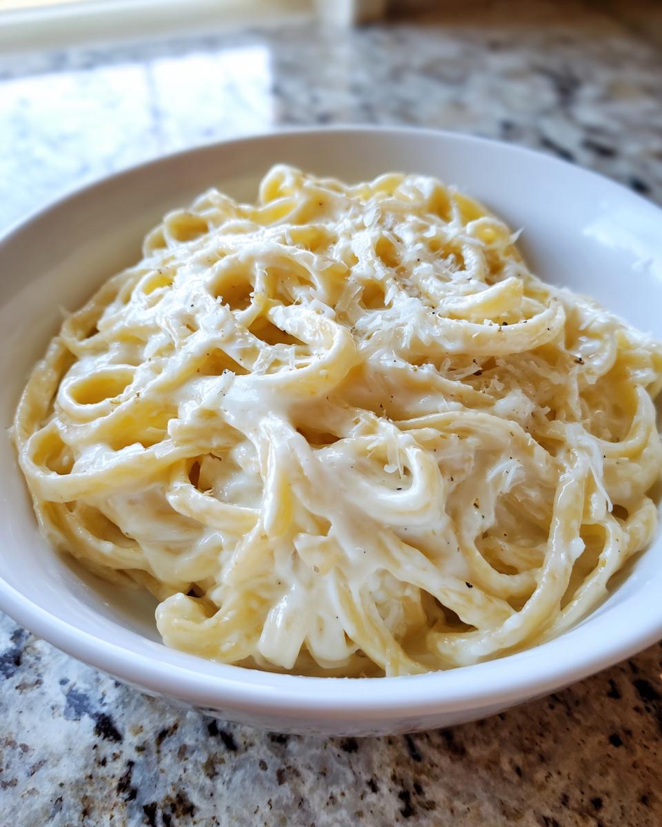 A close-up of fettuccine pasta generously coated in creamy Olive Garden Alfredo sauce and topped with grated Parmesan.