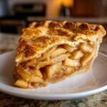 A close-up of a thick slice of apple pie showing flaky crust and cinnamon-spiced apple filling.
