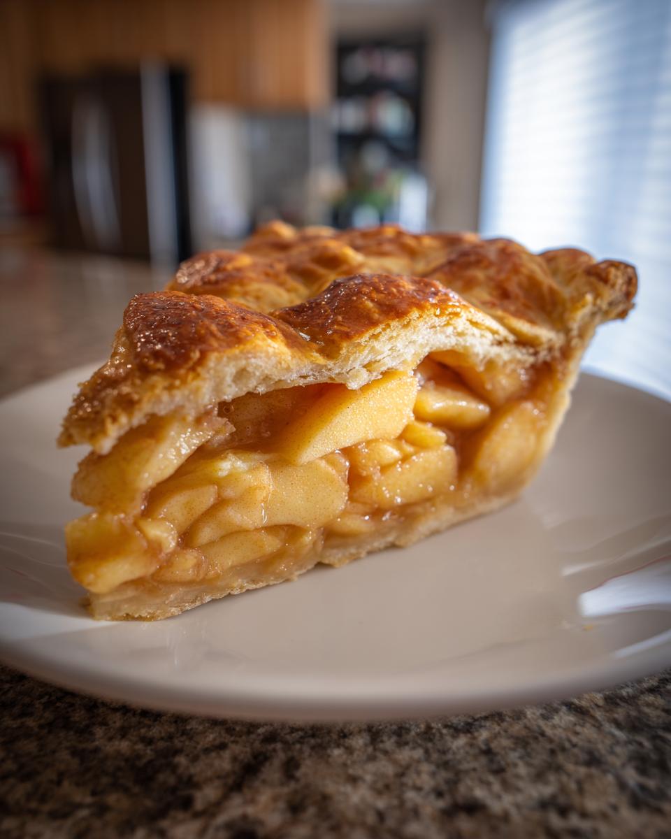 Close-up of a thick slice of apple pie showing flaky crust and generous apple filling.