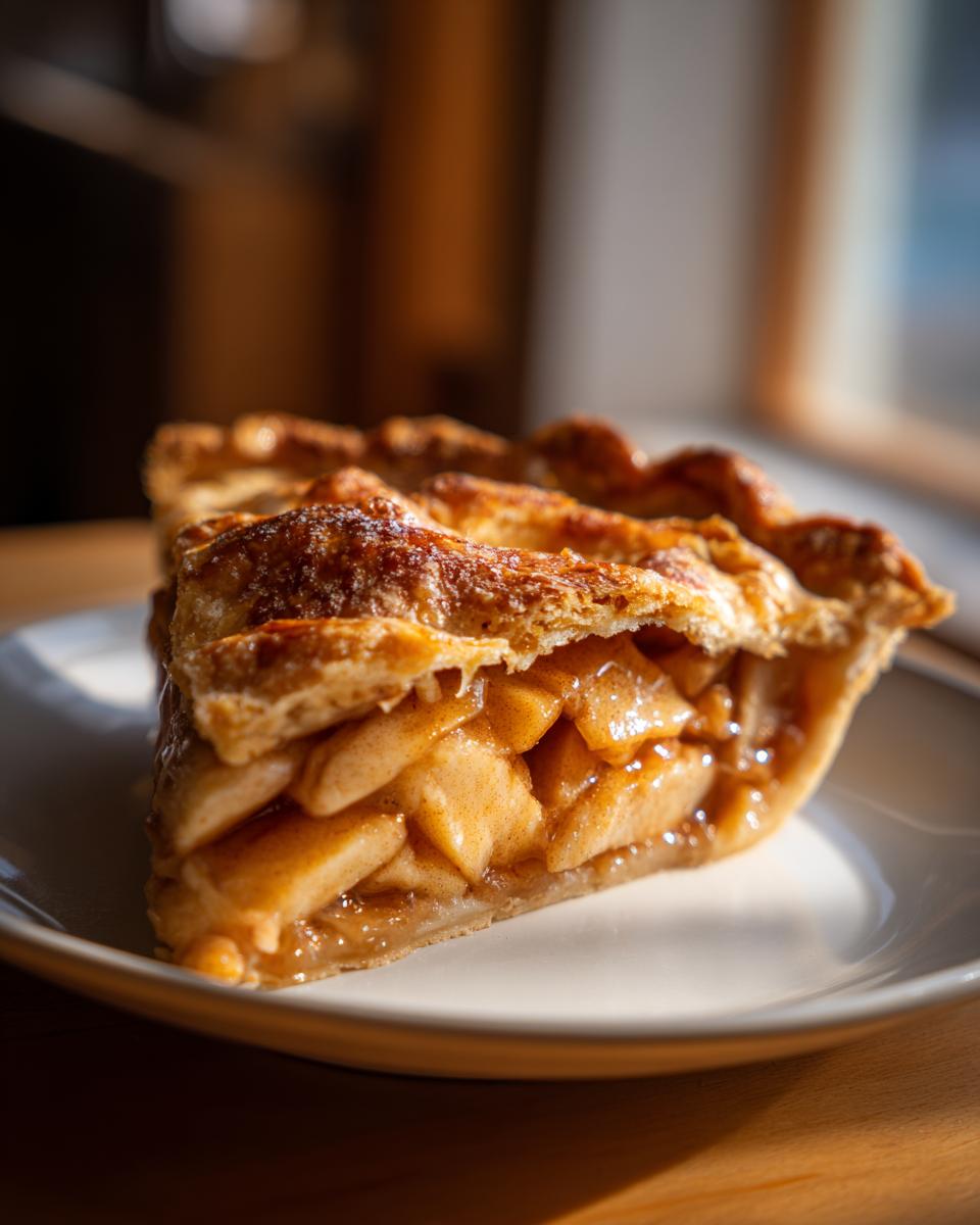 Close-up of a thick slice of apple pie showing flaky crust and cinnamon-spiced apple filling.