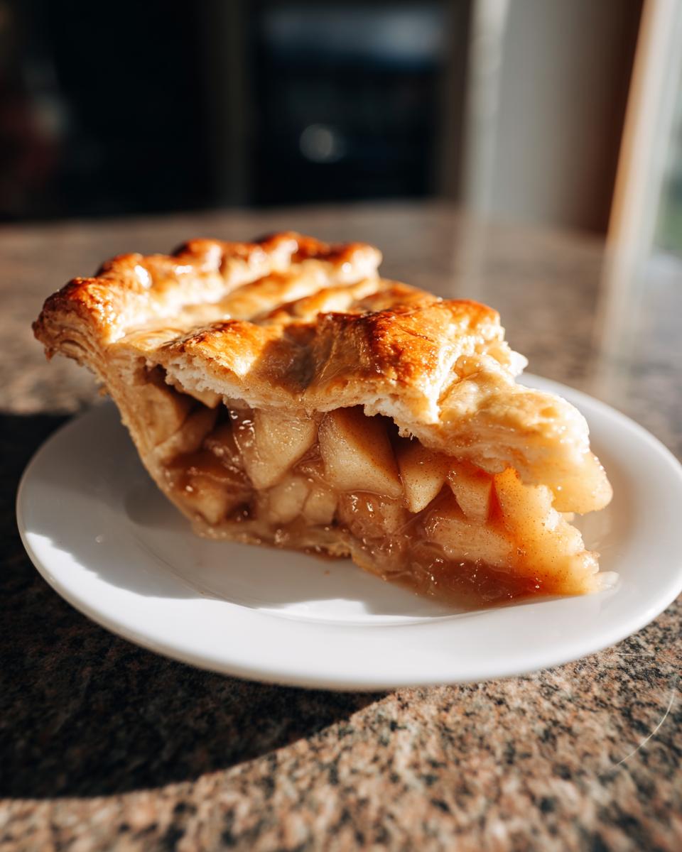 A close-up of a slice of flaky apple pie showing caramelized apple filling on a white plate.