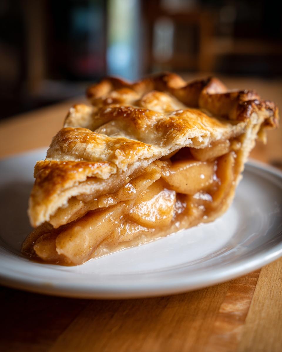Close-up of a thick slice of apple pie showing flaky crust and gooey cinnamon apple filling.
